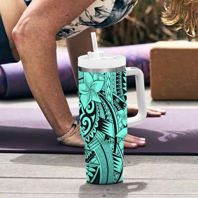 Teal Pacific Flowers Tribal Polynesian Custom Stanley Quencher 40oz Stainless Steel Tumbler With Handle - Threewoofs - Image 6