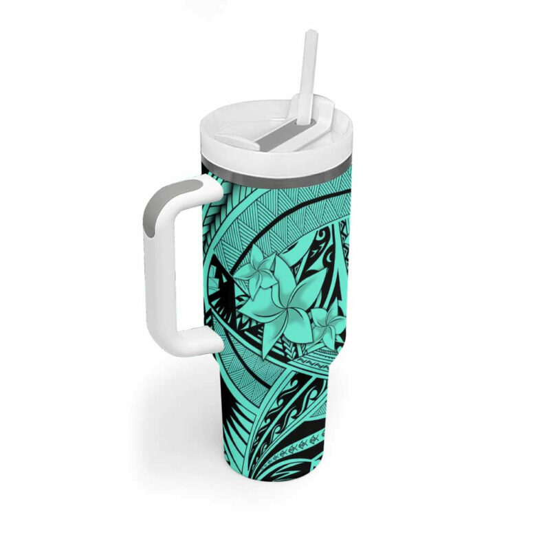 Teal Pacific Flowers Tribal Polynesian Custom Stanley Quencher 40oz Stainless Steel Tumbler With Handle - Threewoofs - Image 2