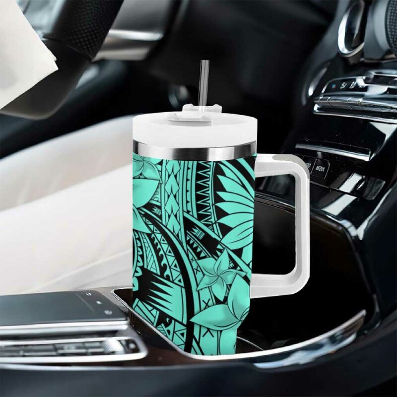Teal Pacific Flowers Tribal Polynesian Custom Stanley Quencher 40oz Stainless Steel Tumbler With Handle - Threewoofs - Image 8