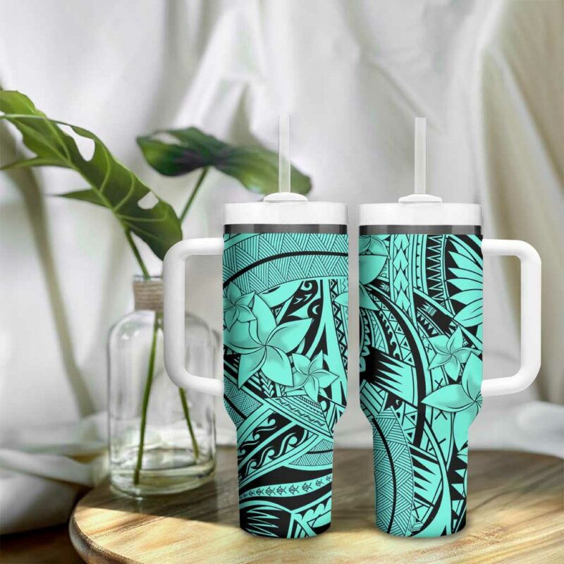 Teal Pacific Flowers Tribal Polynesian Custom Stanley Quencher 40oz Stainless Steel Tumbler With Handle - Threewoofs - Image 9