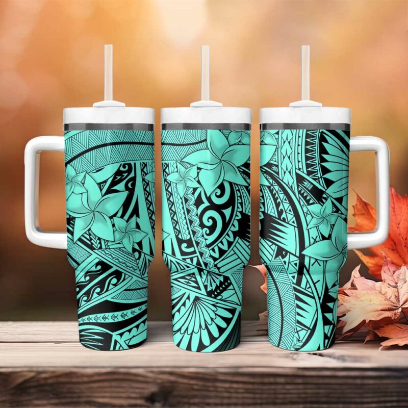 Teal Pacific Flowers Tribal Polynesian Custom Stanley Quencher 40oz Stainless Steel Tumbler With Handle - Threewoofs - Image 4