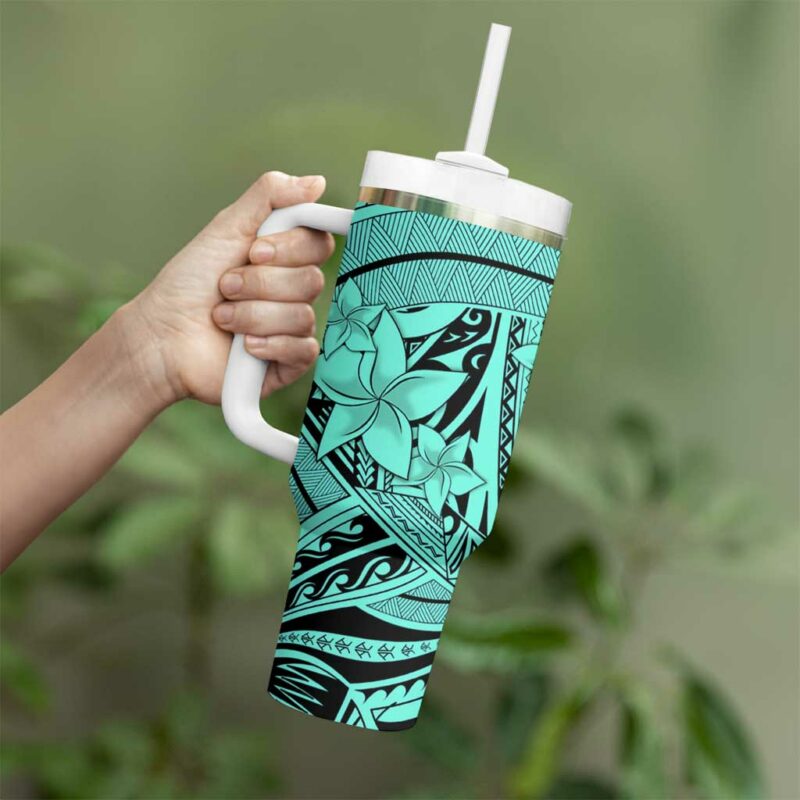 Teal Pacific Flowers Tribal Polynesian Custom Stanley Quencher 40oz Stainless Steel Tumbler With Handle - Threewoofs - Image 3