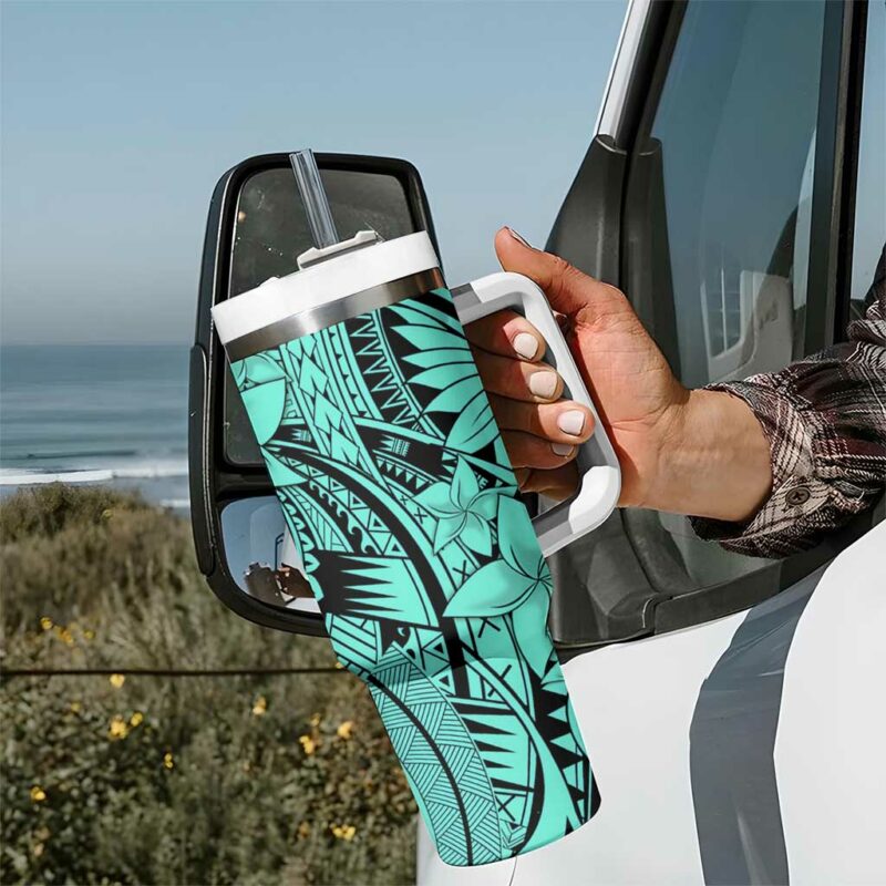 Teal Pacific Flowers Tribal Polynesian Custom Stanley Quencher 40oz Stainless Steel Tumbler With Handle - Threewoofs - Image 7