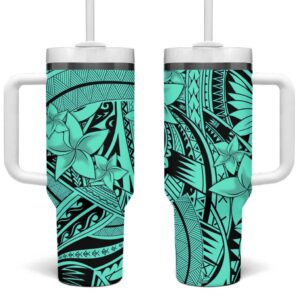 Teal Pacific Flowers Tribal Polynesian Custom Stanley Quencher 40oz Stainless Steel Tumbler With Handle - Threewoofs