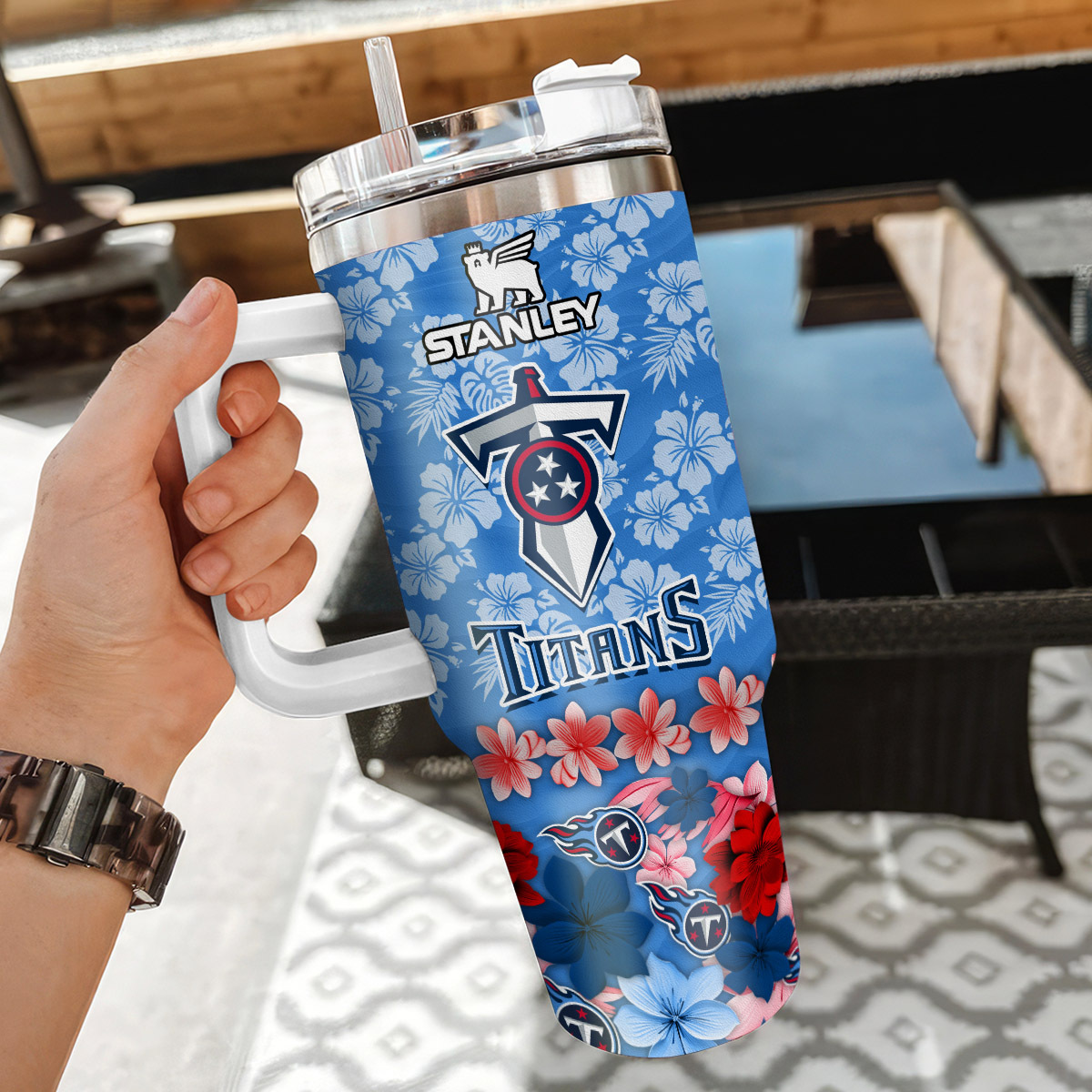 Customizable Floral Sports Team Tumbler with Handle & Straw - Your Name Here - Image 3