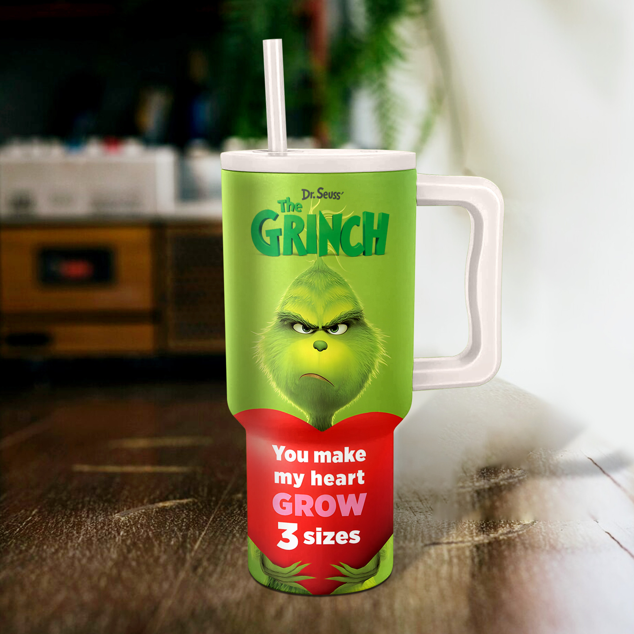 Grinch Valentine's Day Travel Mug - Heartwarming Design with Straw - Image 3