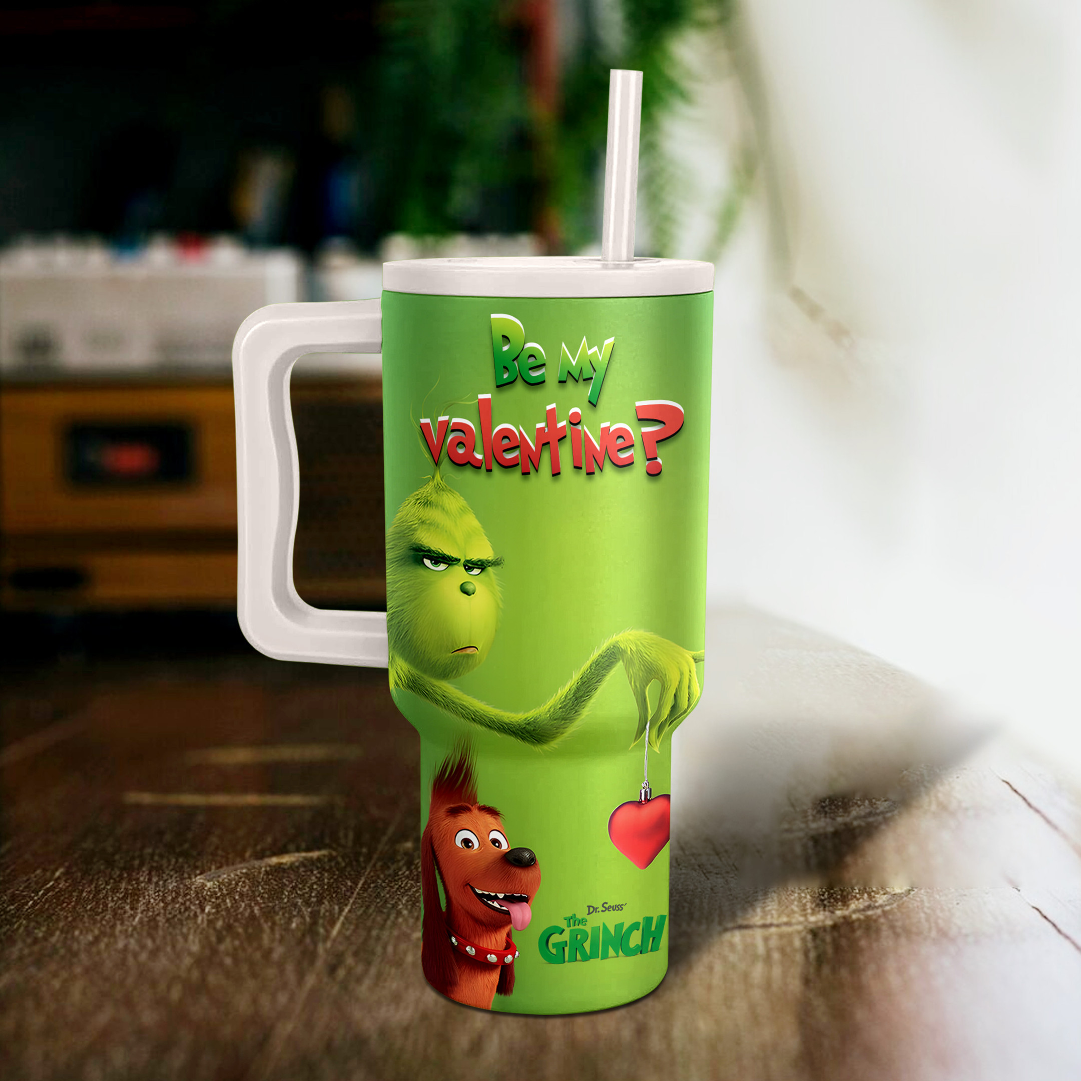 Grinch Valentine's Day Travel Mug - Heartwarming Design with Straw - Image 2