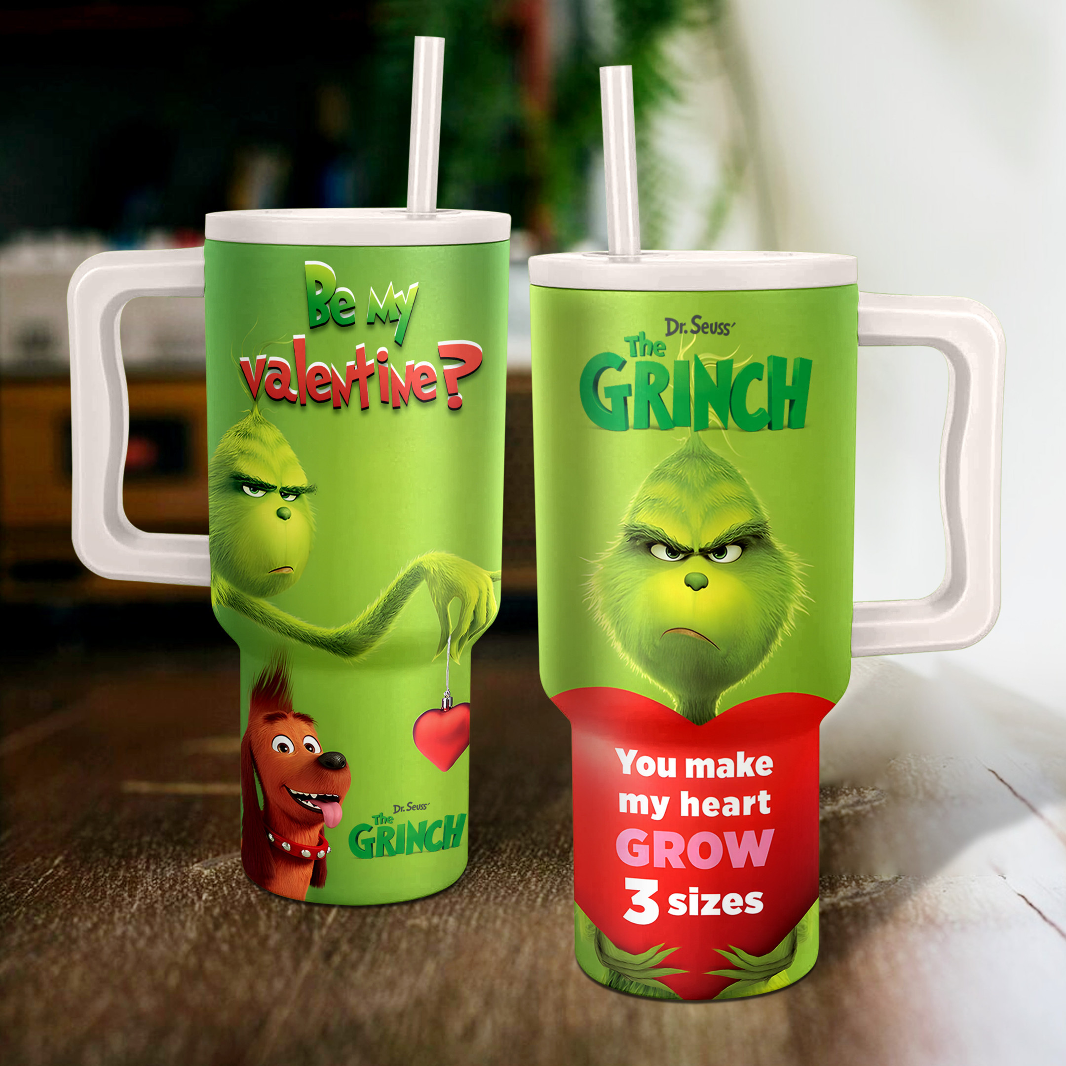 Grinch Valentine's Day Travel Mug - Heartwarming Design with Straw