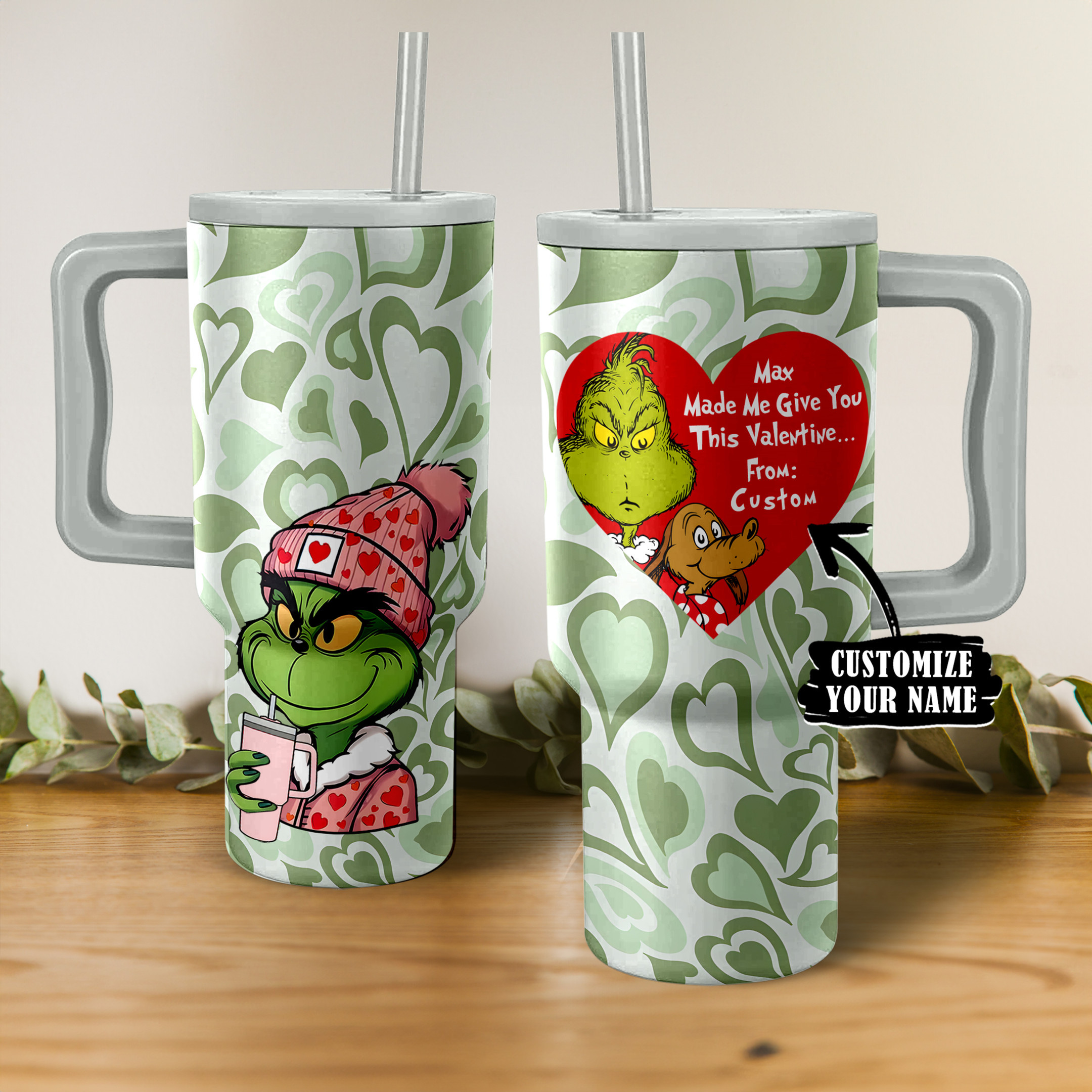 Custom Valentine's Day Grinch Tumbler - Personalized Gift with Heart Design