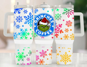 Festive Grinch Coffee Travel Mug - Colorful Snowflake Design