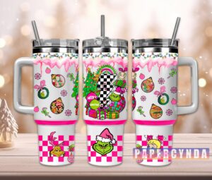 Festive Holiday Tumbler with Handle - Insulated Grinch Design Christmas Mug