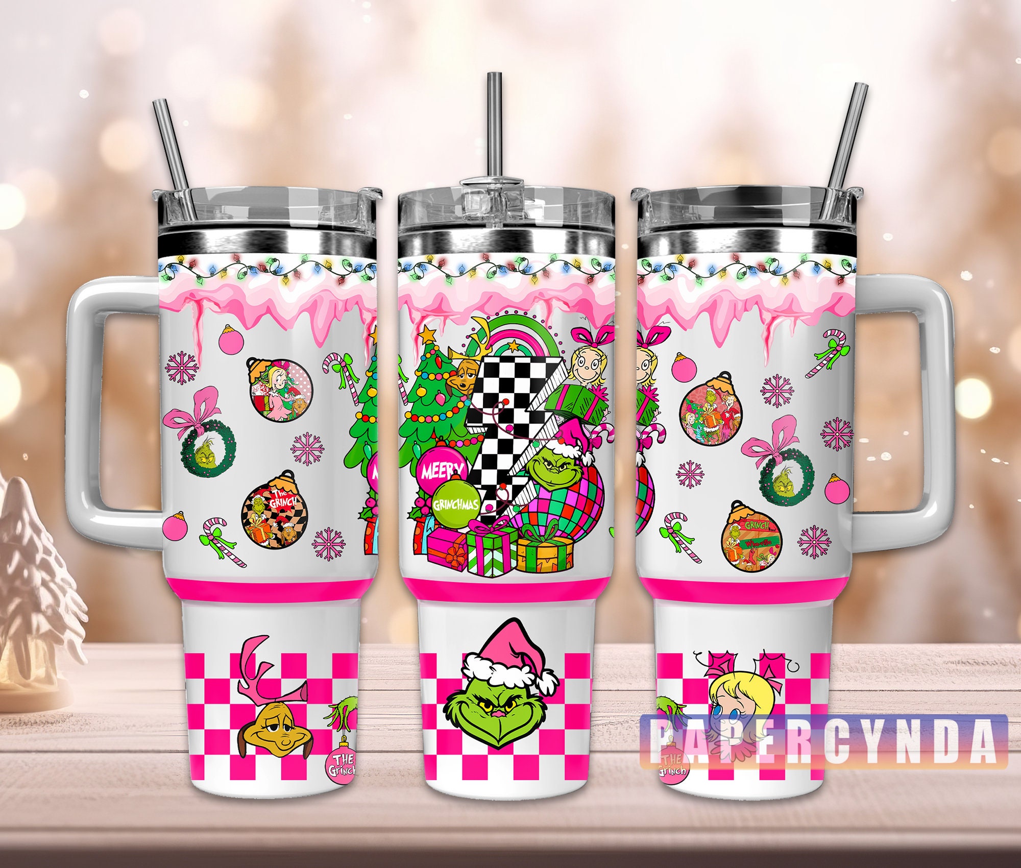 Festive Holiday Tumbler with Handle - Insulated Grinch Design Christmas Mug