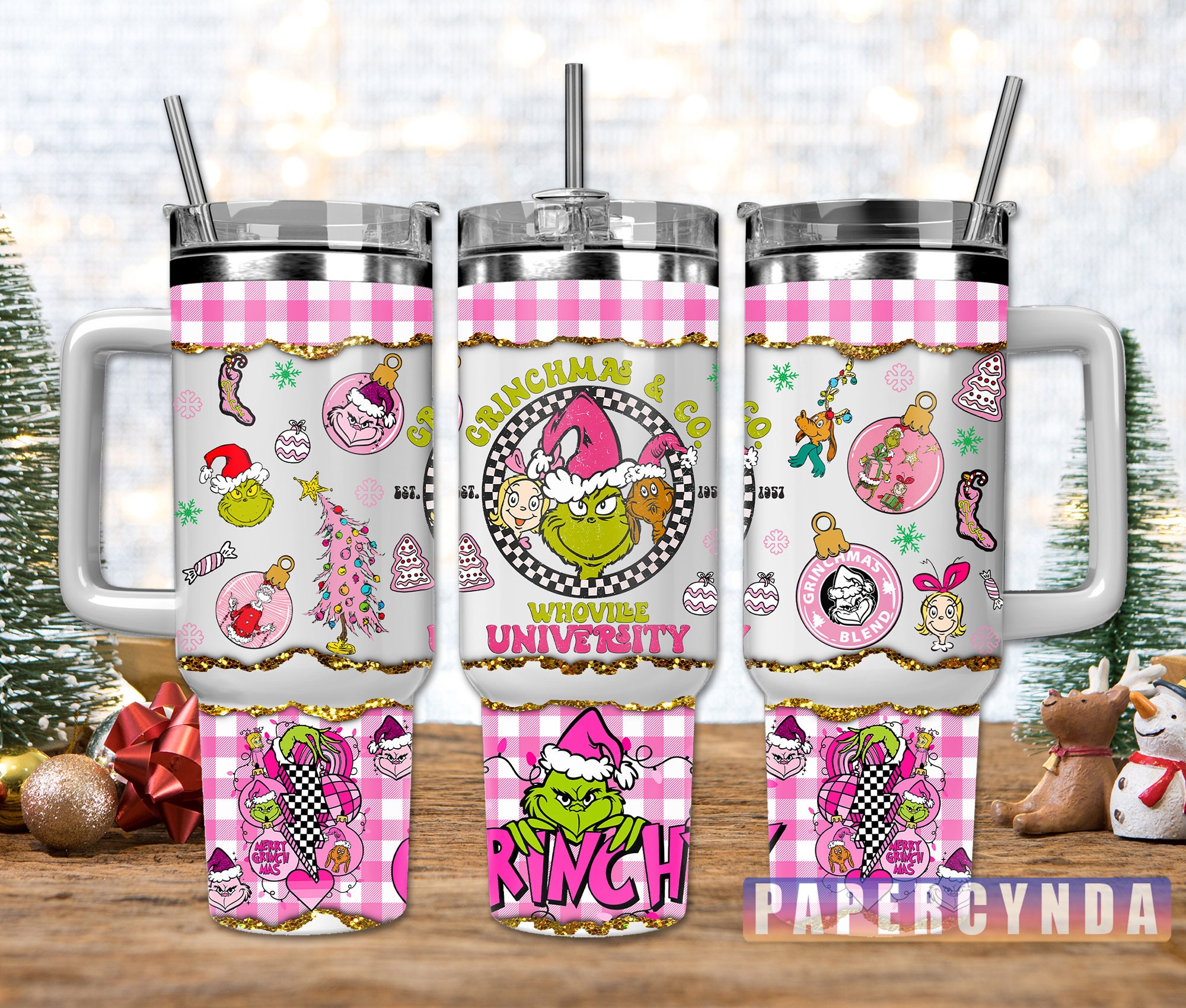 Festive Grinchmas Tumbler with Straw - Whoville University Design