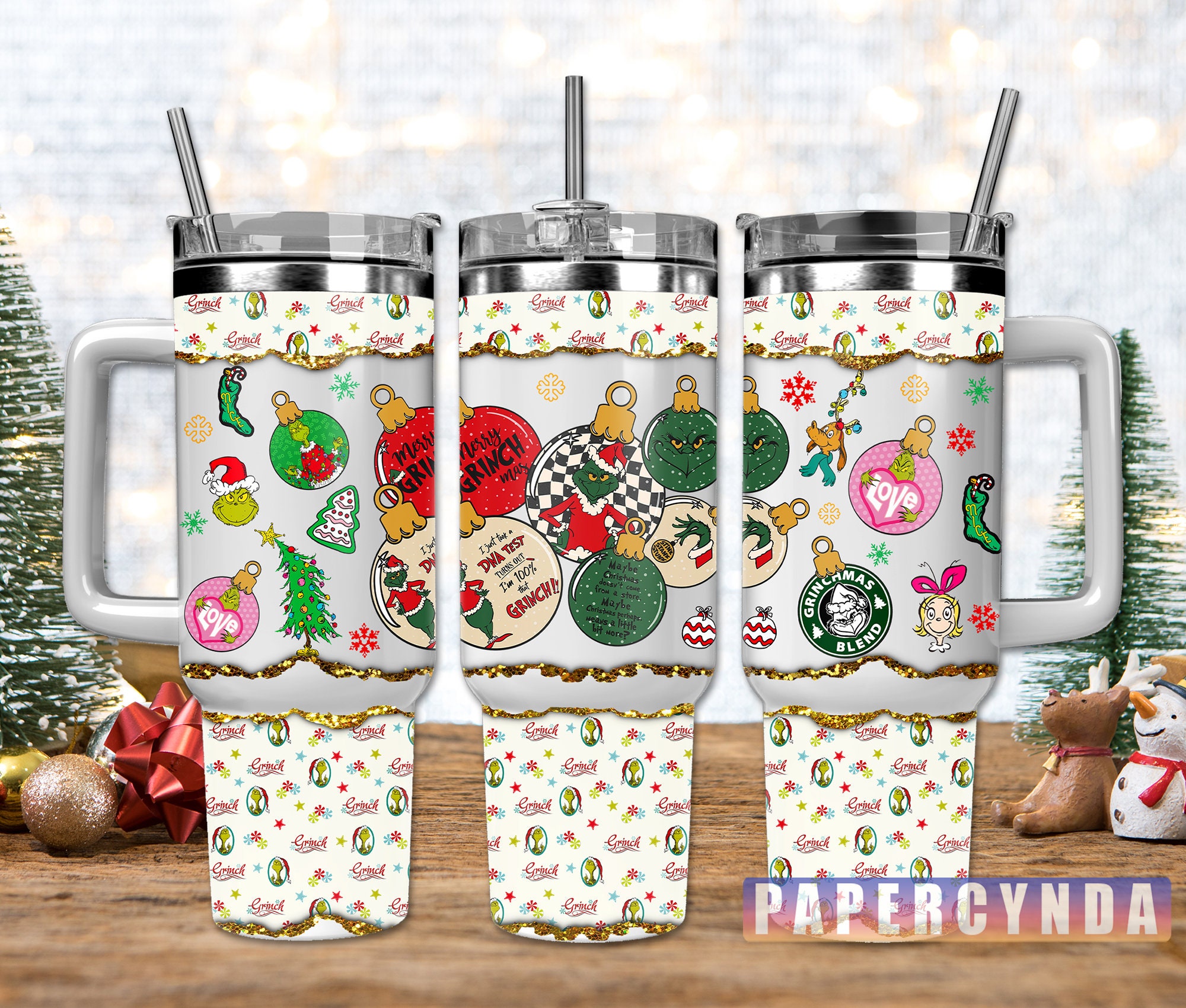 Festive Holiday Tumbler with Lid & Straw - Christmas Grinch Design
