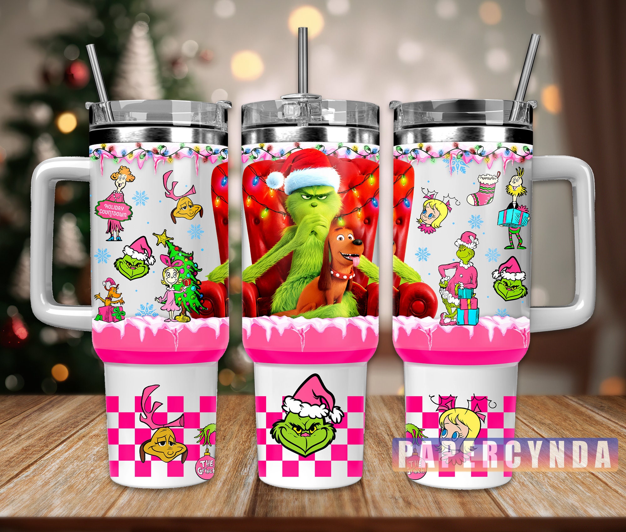 Festive Grinch Christmas Tumbler with Handle & Straw - Holiday Gift Idea