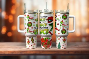Festive Grinch-Themed Christmas Tumbler with Lid & Straw - 40 oz