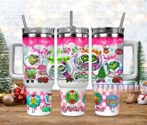 Festive Grinch Tumbler - Double Wall Insulated Mug with Handle & Straw