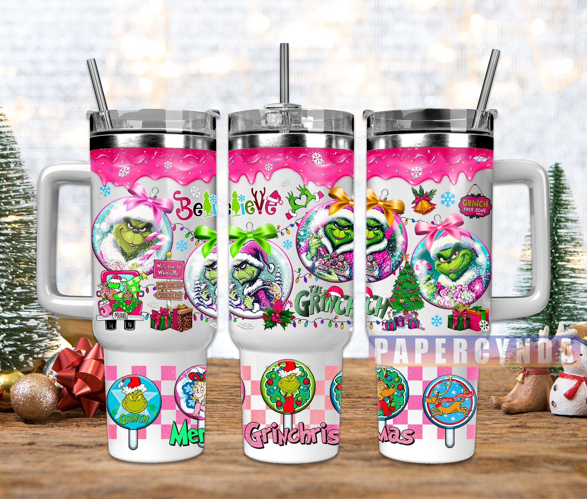 Festive Grinch Tumbler - Double Wall Insulated Mug with Handle & Straw