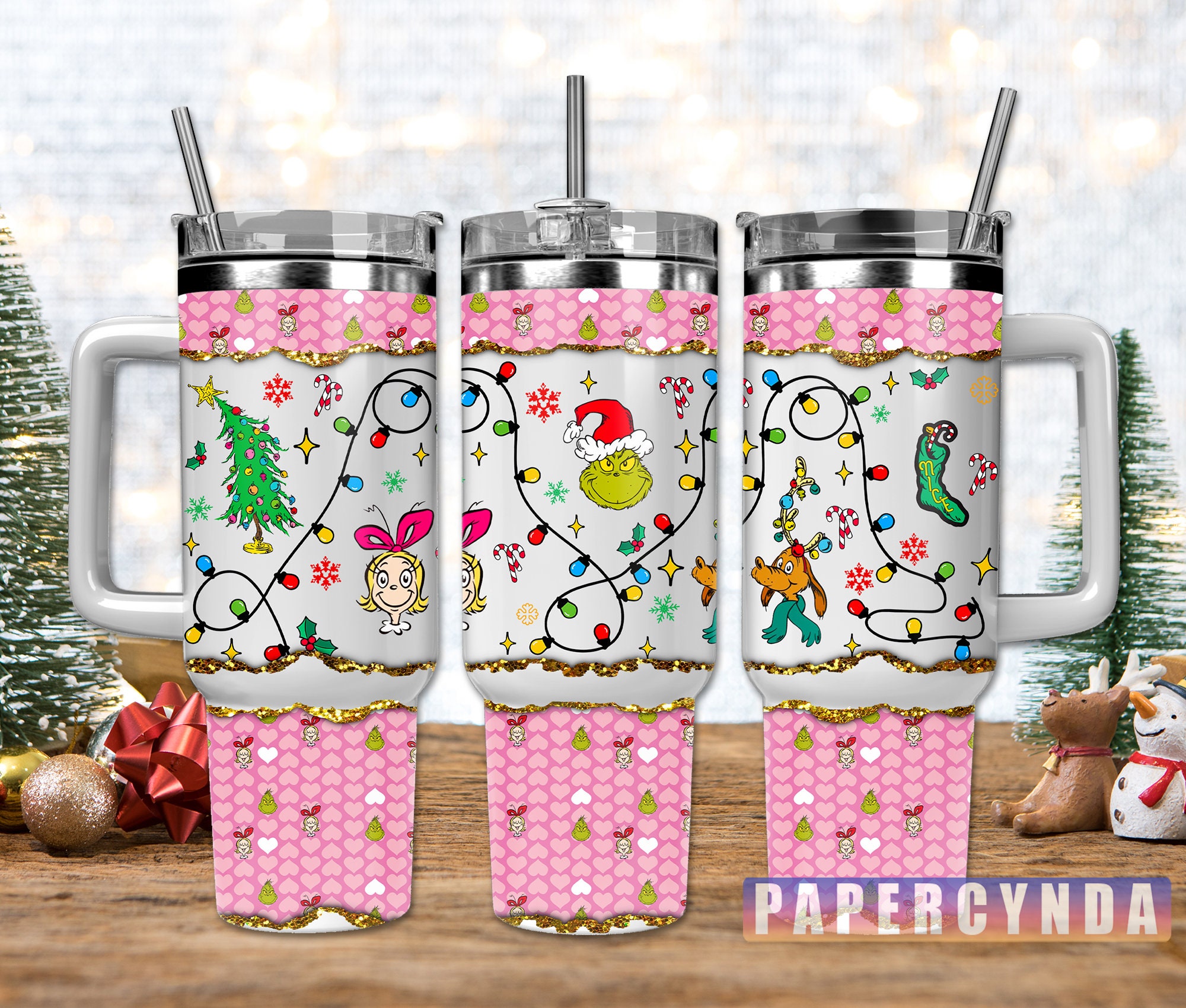 Festive Holiday Tumbler with Handle - Christmas Cheer & Whimsical Designs