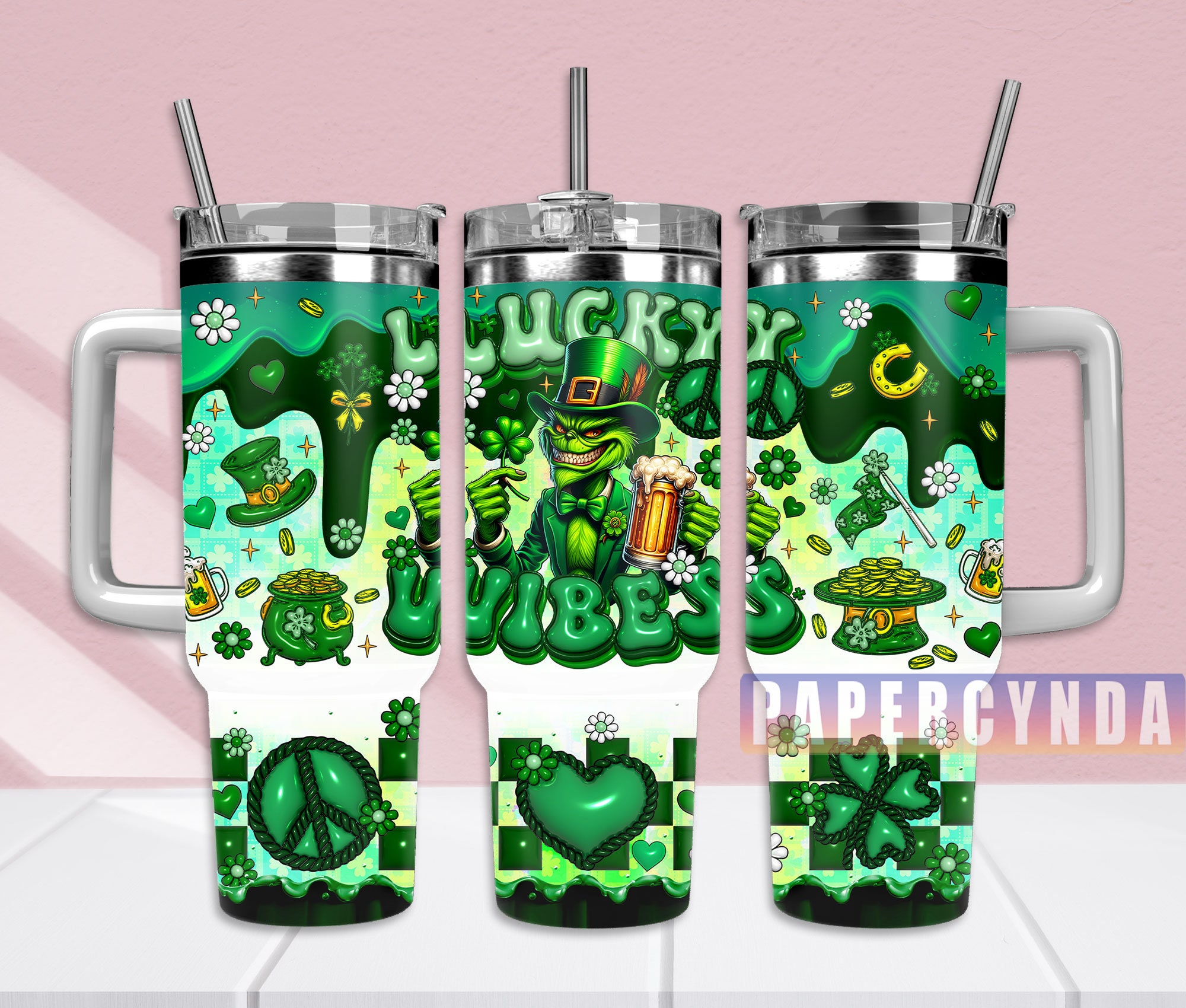 Lucky Vibes St. Patrick's Day Tumbler with Handle & Straw