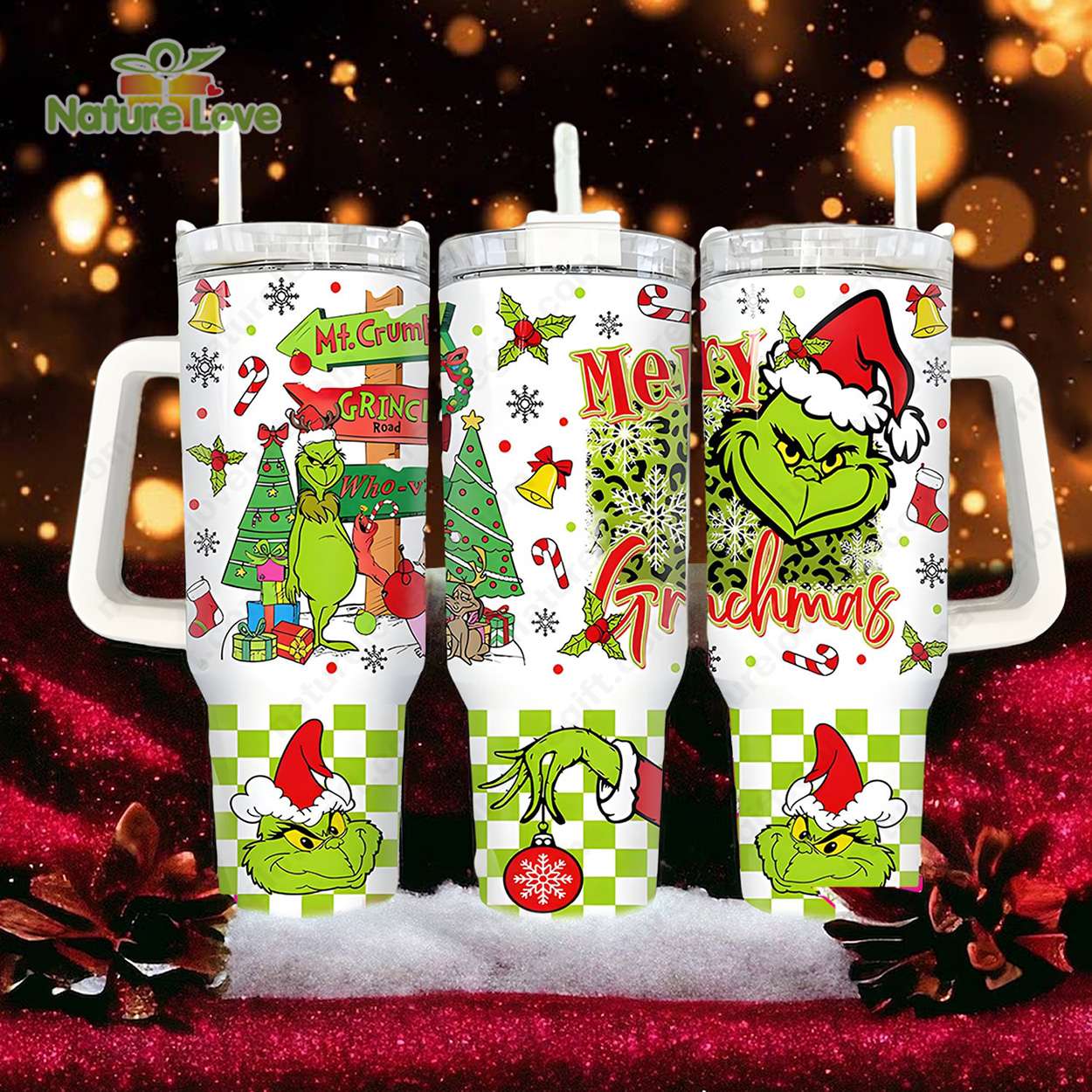 Festive Grinch Christmas Tumbler with Straw - Holiday Cheer Mug