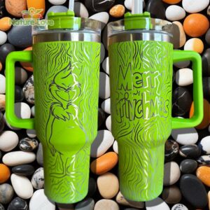 Festive Grinch Insulated Tumbler with Handle - Merry Grinchmas Gift Mug