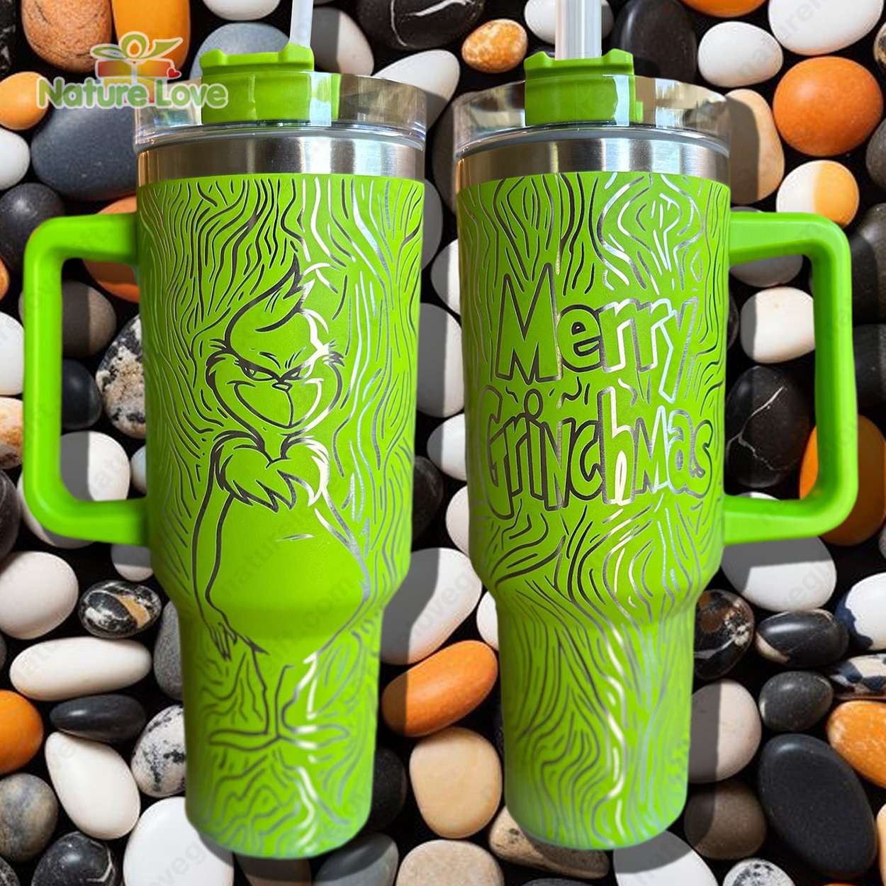 Festive Grinch Insulated Tumbler with Handle - Merry Grinchmas Gift Mug