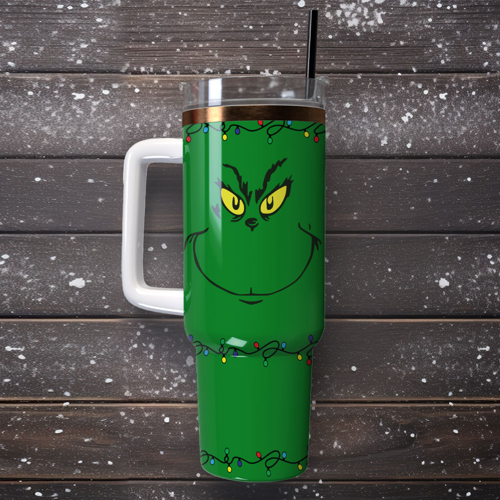 Festive Grinch Insulated Tumbler with Straw & Handle - Perfect Holiday Gift - Image 4