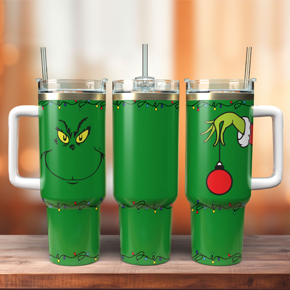 Festive Grinch Insulated Tumbler with Straw & Handle - Perfect Holiday Gift