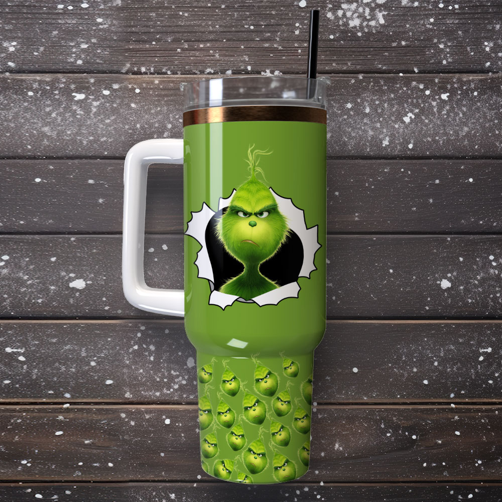 Festive Grinch Tumbler with Handle & Straw - Perfect Holiday Gift - Image 4