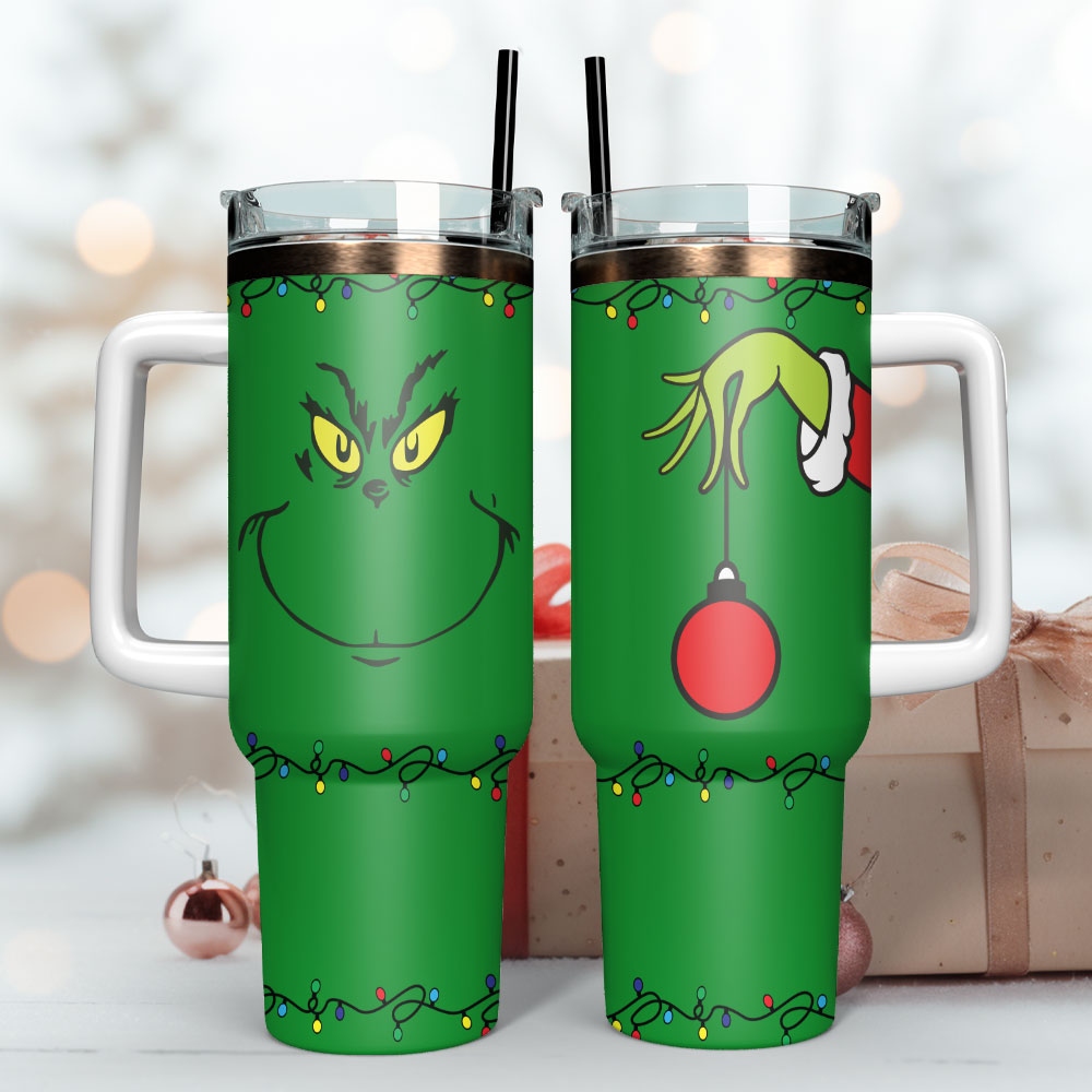 Festive Grinch Insulated Tumbler with Straw & Handle - Perfect Holiday Gift - Image 3