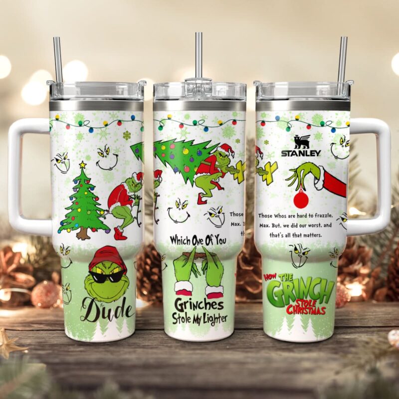 The Grinch Movies Christmas Custom Stanley Quencher 40oz Stainless Steel Tumbler With Handle - Threewoofs