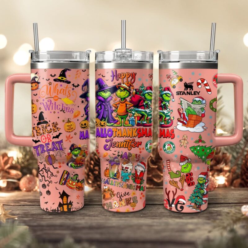 The Grinch Movies Christmas With Halloween Custom Stanley Quencher 40oz Stainless Steel Tumbler With Handle - Threewoofs