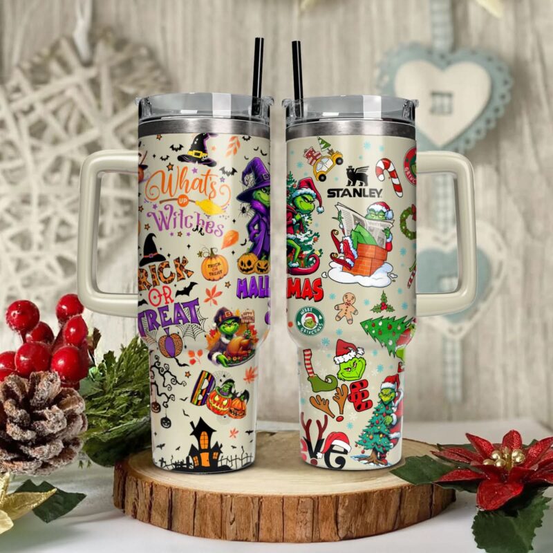 The Grinch Movies Christmas With Halloween Custom Stanley Quencher 40oz Stainless Steel Tumbler With Handle - Threewoofs