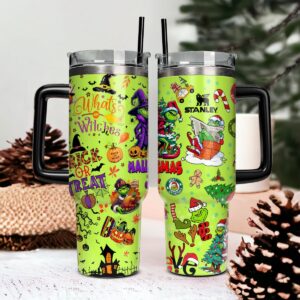 The Grinch Movies Christmas With Halloween Custom Stanley Quencher 40oz Stainless Steel Tumbler With Handle - Threewoofs