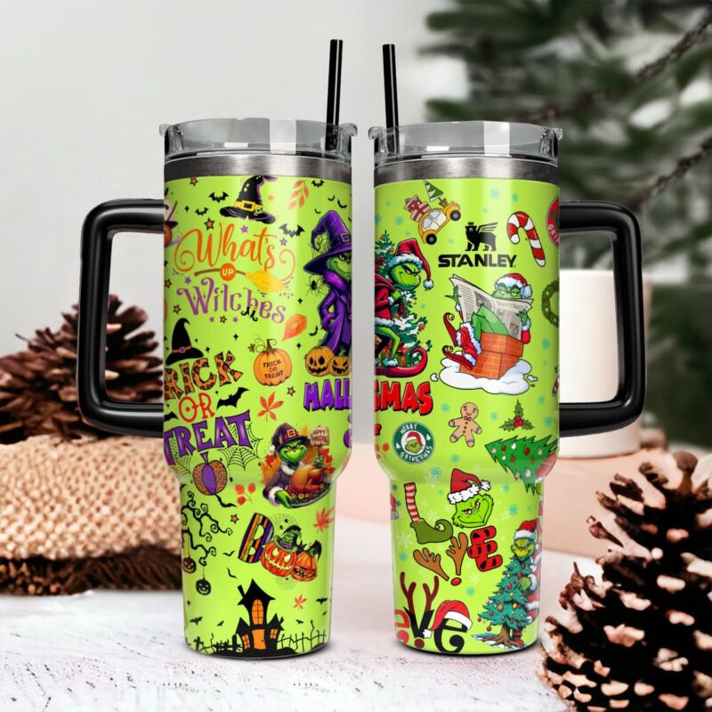 The Grinch Movies Christmas With Halloween Custom Stanley Quencher 40oz Stainless Steel Tumbler With Handle - Threewoofs