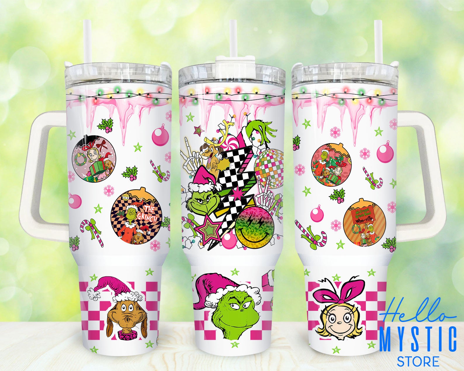 Festive Grinch Holiday Tumbler with Handle - 40oz Insulated Cup