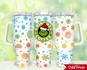 Festive Grinch Coffee Travel Mug - Holiday Snowflake Design with Handle