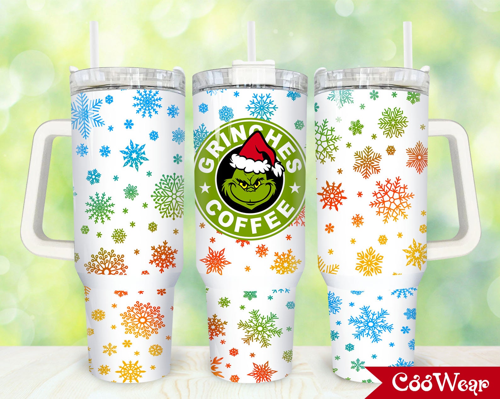 Festive Grinch Coffee Travel Mug - Holiday Snowflake Design with Handle