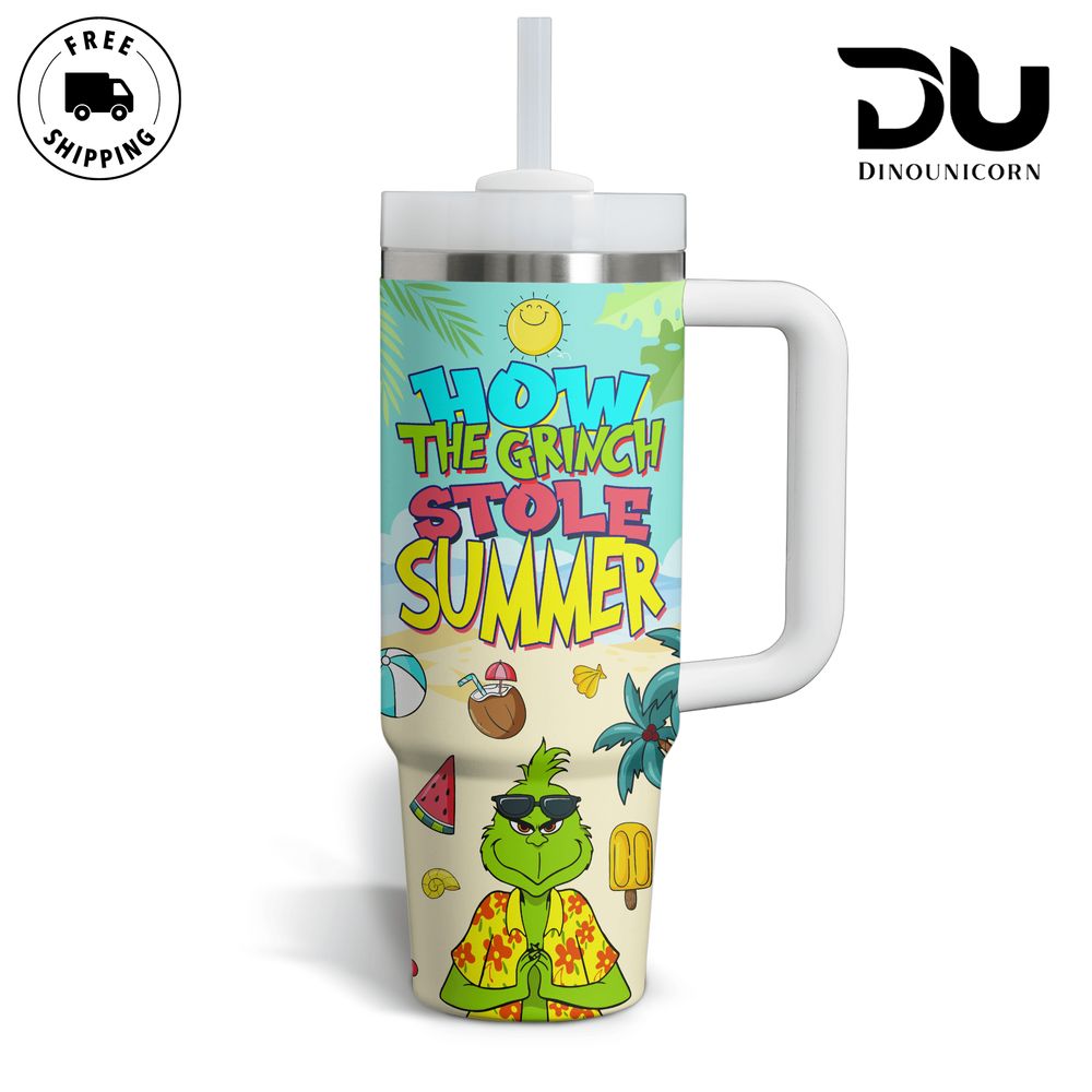 Fun Grinch Summer Tumbler with Straw - Stay Cool with Beach Vibes - Image 2