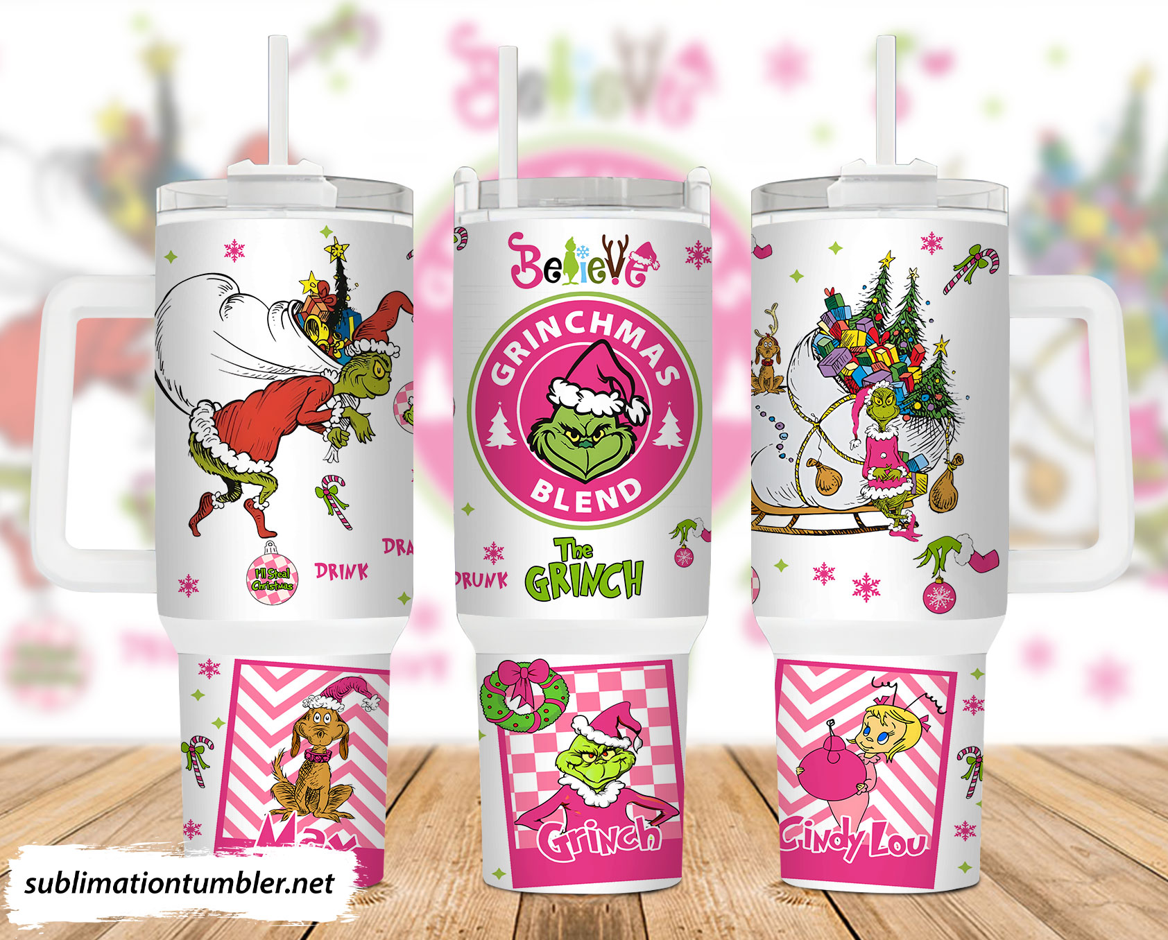 Festive Grinch Christmas Tumbler - Double Walled Insulated Mug with Lid & Straw - Image 2