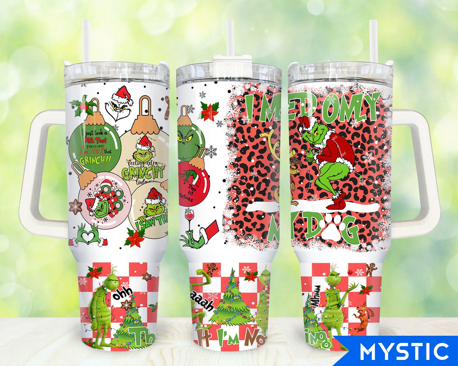Festive Grinch-Themed Insulated Holiday Tumbler with Handle & Straw