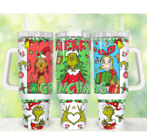 Festive Grinch Christmas Tumbler - Insulated Mug with Handle & Straw