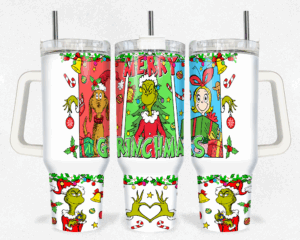 Festive Grinch Christmas Tumbler with Handle - Double Wall Insulated Mug