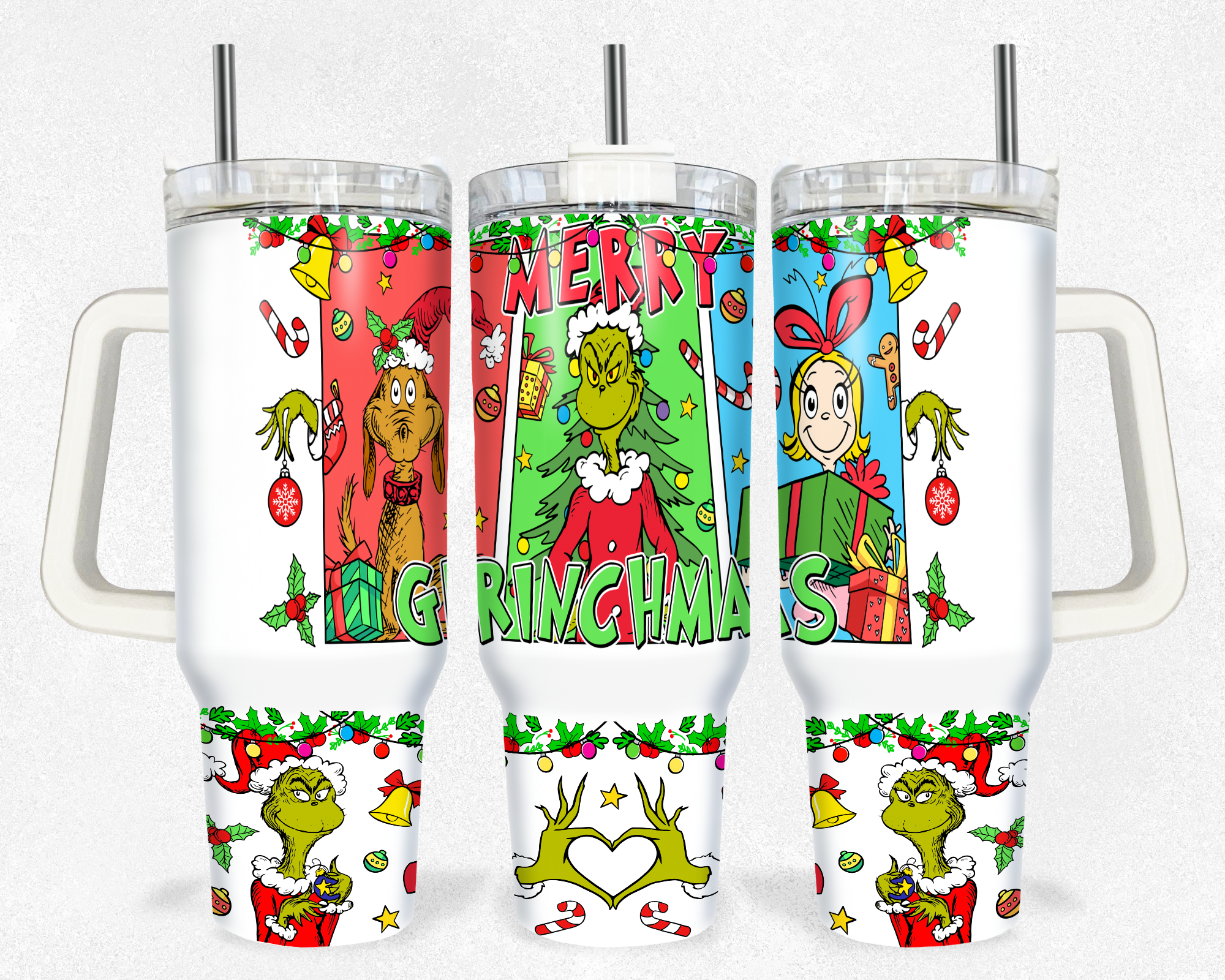 Festive Grinch Christmas Tumbler with Handle - Double Wall Insulated Mug
