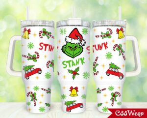 Festive Grinch Christmas Tumbler with Handle & Straw - Holiday Cheer