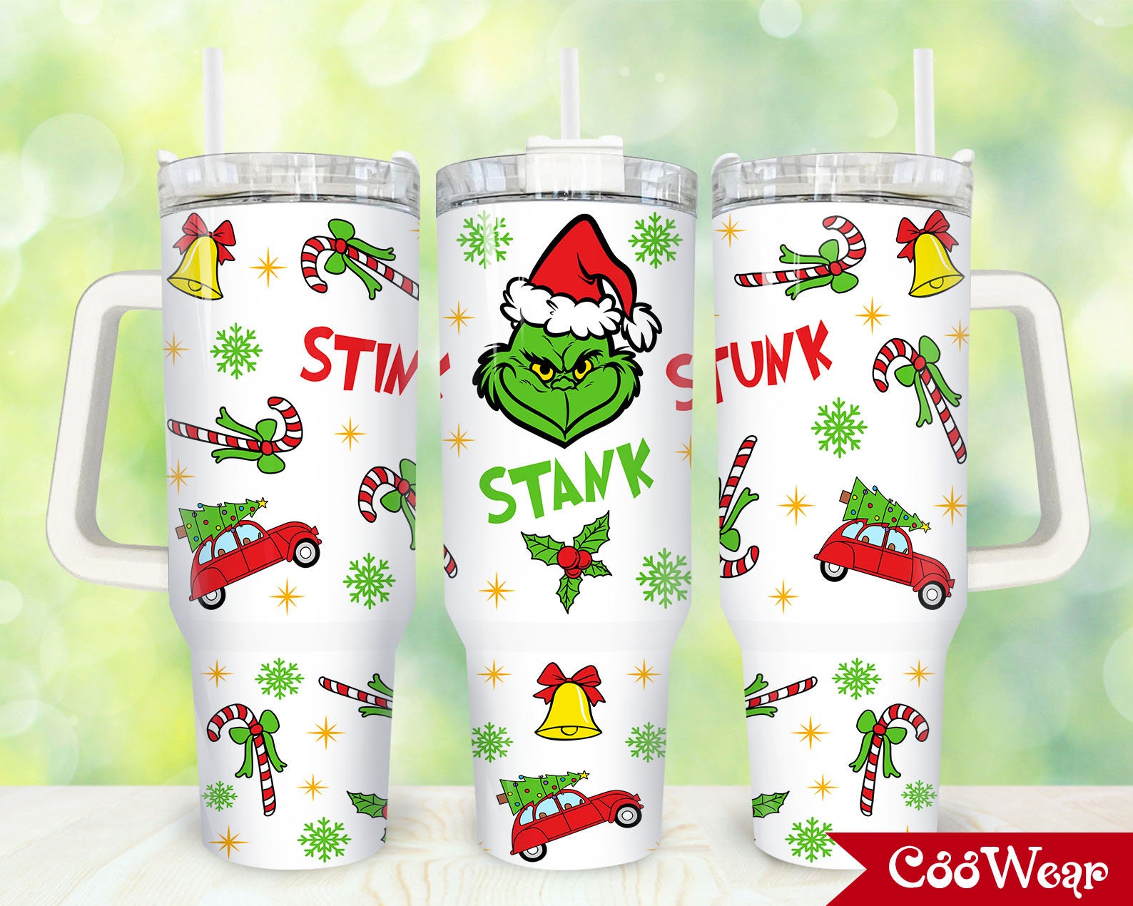 Festive Grinch Christmas Tumbler with Handle & Straw - Holiday Cheer