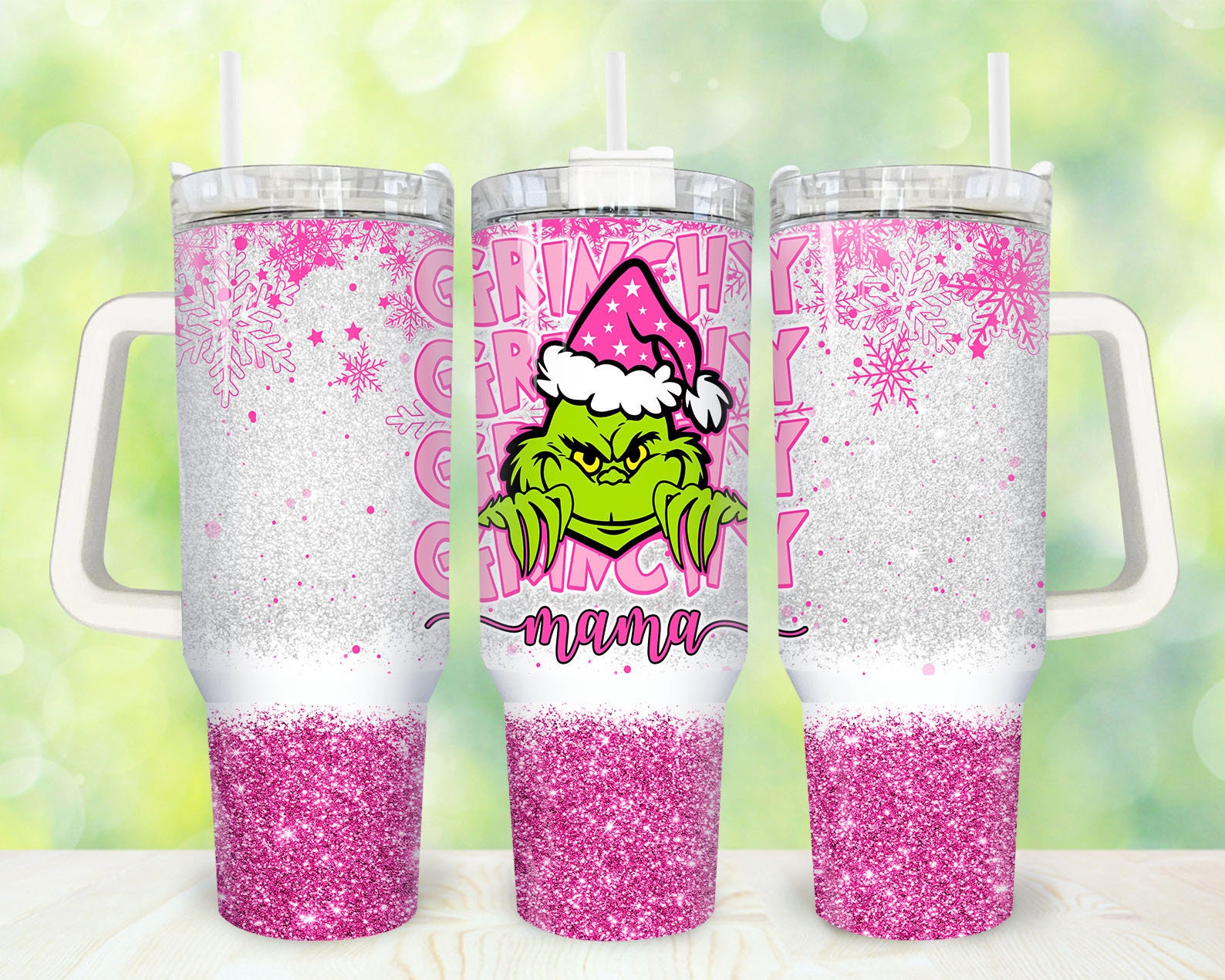 Festive Grinch Mama Glitter Tumbler - Insulated Holiday Drinkware