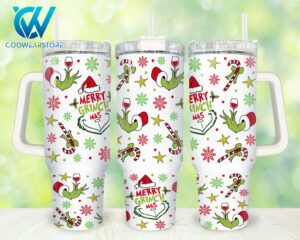 Festive 'Merry Grinchmas' Insulated Tumbler with Handle & Straw