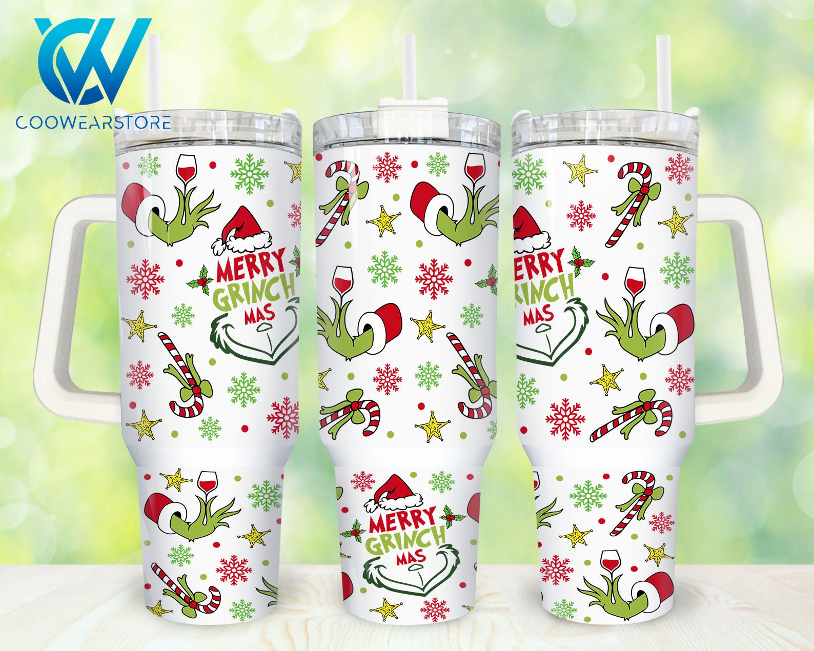 Festive 'Merry Grinchmas' Insulated Tumbler with Handle & Straw